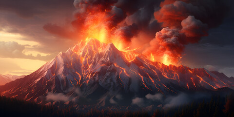 A massive volcano erupts its molten lava and ash billowing high into the sky in a fearsome display of nature's power, Fiery Symphony: A Massive Volcano's Lava and Ash Dance in the Sky - obrazy, fototapety, plakaty