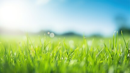 Fototapeta premium Green grass field and blue sky create a summer landscape background with a blurred effect.