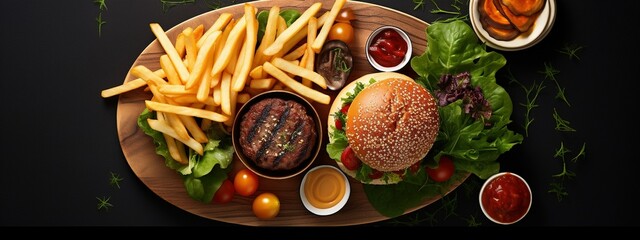 A top view of a delectable burger and fries arrangement, beautifully presented on a sleek modern plate, designed for a website header with plenty of space for text
