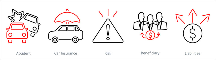 A set of 5 Insurance icons as accident, car insurance, risk - obrazy, fototapety, plakaty
