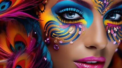 Close-up portrait of a fashion-forward woman with bold and colorful makeup, showcasing intricate details of her style