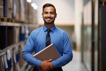 Smiling employee holds folder radiating positivity and professionalism at work, hiring image for job postings - obrazy, fototapety, plakaty