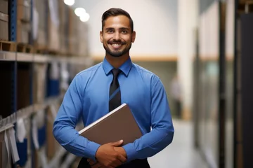 Fotobehang Smiling employee holds folder radiating positivity and professionalism at work, hiring image for job postings © Ingenious Buddy 