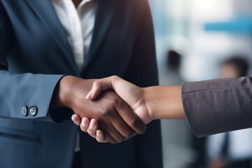 Two business people shaking hands in an office meeting sealing a successful deal, professional job interview attire image