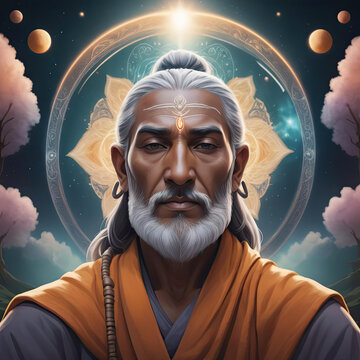 Mystical Vedic Sage - Ultra wide close-up headshot portrait of a Vedic sage deep in meditation amidst a serene natural setting Gen AI