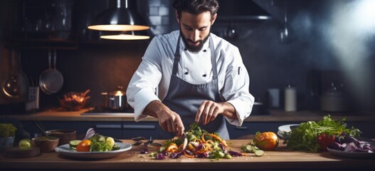 Professional chef preparing gourmet salad in restaurant kitchen. Culinary art and fine dining.