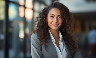 Business woman smiles with arms crossed in a stylish suit, hiring image for job postings - Powered by Adobe