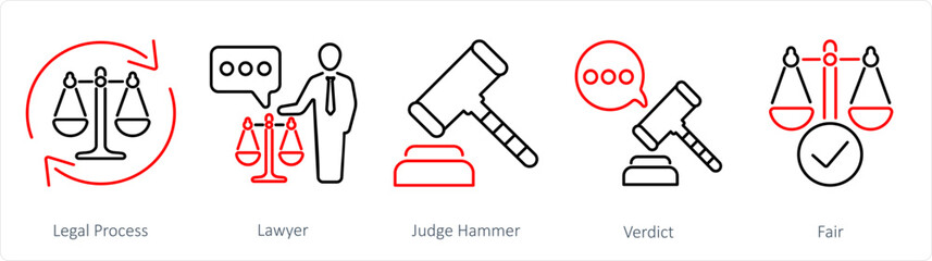 A set of 5 Justice icons as legal process, lawyer, judge hammer - obrazy, fototapety, plakaty