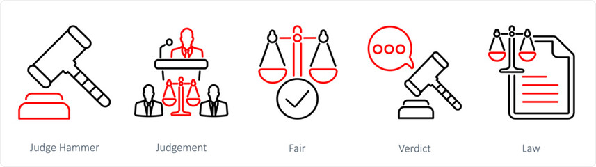 A set of 5 Justice icons as judge hammer, judgement, fair 