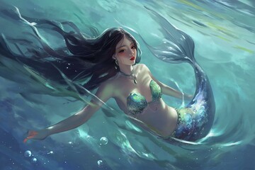 Cute Mermaid art illustration on the sea beautiful hair