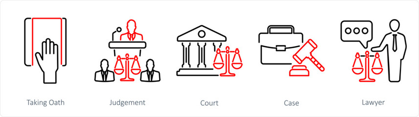 A set of 5 Justice icons as taking oath, judgement, court