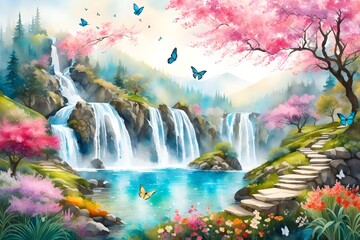 A lively Mountain Orchard Spring, featuring cascading waterfalls, colorful butterflies, and birds, a harmonious blend of nature's elements