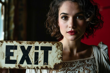 Exit concept image with sad depressed woman holding an Exit sign to represent suicidal thought