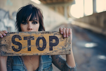 Stop concept image with woman holding a sign with written word stop to represent fight against...