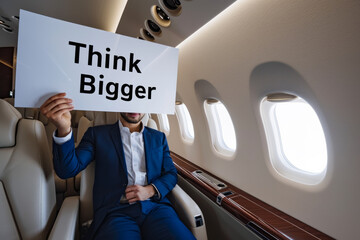 Think bigger concept image with rich successful young man in private jet holding a sign with written word Think Bigger