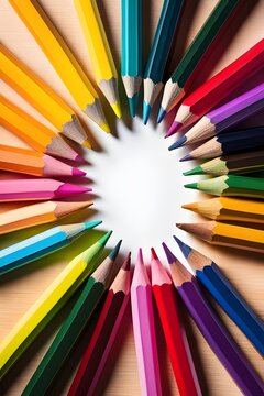 An overhead view of color pencils arranged in a circular pattern with space for text, symbolizing the blossoming of creative ideas, background image, generative AI