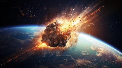 Exploding rock in space with earth in the background