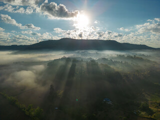 Aerial view of flowing fog waves on mountain tropical rainforest.Top view.