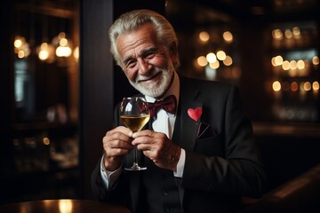 Portrait of a senior man holding a glass of white wine.
