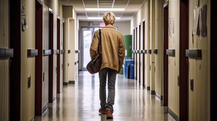 Teenager Walking Down empty school Hallway