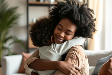 Mother's Day family holiday unconditional love concept. Adorable child hugging and embracing mom, Portrait of happy African American mommy and her child kid hugging each other at home