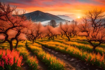 A Mountain Orchard Spring in the heart of autumn, leaves of trees turning vibrant shades of red and orange, fallen apples creating a colorful carpet