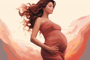 pregnancy and motherhood. painting of a pregnant woman. light red and pink painting, oil portrait. - obrazy, fototapety, plakaty