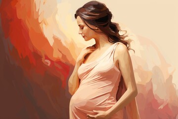 Fototapeta premium pregnant woman with long hair is walking with golden sunset background, light red and light maroon.