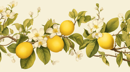 Botanical illustration branch with lemons and flowers Generative Ai