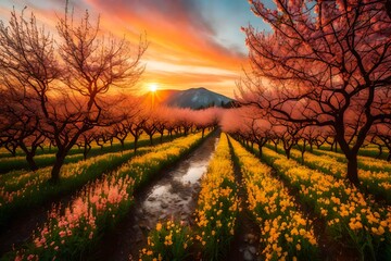 Naklejka na ściany i meble A Mountain Orchard Spring during a vibrant sunrise, warm colors painting the sky, the orchard awakening to the new day, dewdrops glistening on leaves