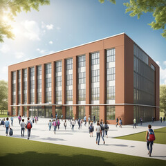 Realistic 3D illustration of a school building, there are several students in the yard, with a large and tall building