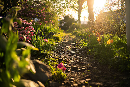 Garden path, inviting, walk, spring day. 
