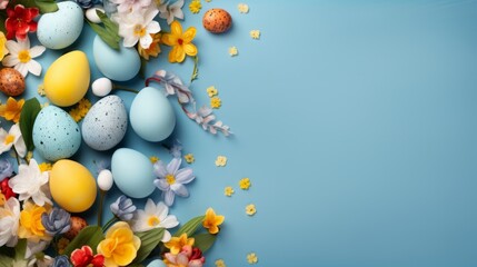 Easter delight: vibrant banner with eggs, bunnies, and blooms, creating a joyful atmosphere. Ample copy space for your easter greetings and wishes