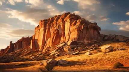 Dramatic rock formations bathed in the warm light of the setting sun