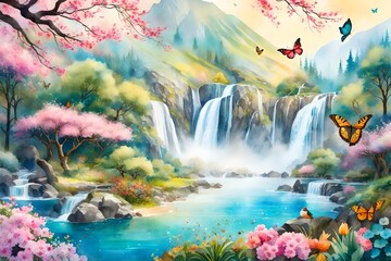 A lively Mountain Orchard Spring, featuring cascading waterfalls, colorful butterflies, and birds, a harmonious blend of nature's elements, the air filled with the scent of blooming flowers