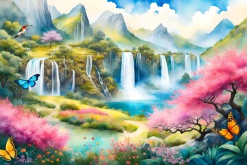 A lively Mountain Orchard Spring, featuring cascading waterfalls, colorful butterflies, and birds, a harmonious blend of nature's elements, the air filled with the scent of blooming flowers