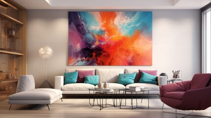 A cozy living room with stylish furniture and a beautiful painting on the wall
