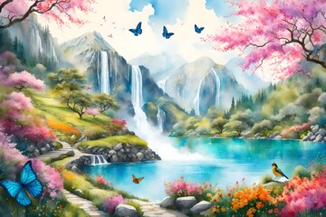 A lively Mountain Orchard Spring, featuring cascading waterfalls, colorful butterflies, and birds,...