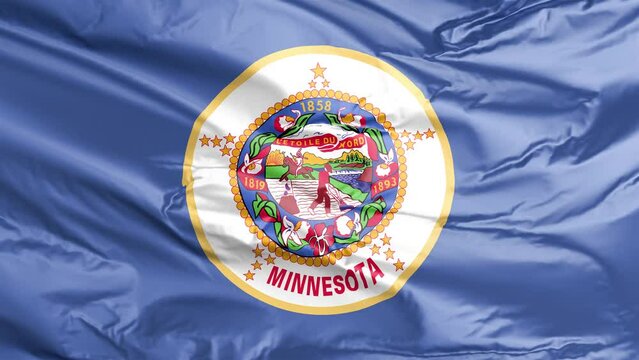 Waving flag of Minnesota State, MN, USA. 4K seamless loop 3D render animation. Beautiful high detail fabric cloth satin texture with wrinkles. Fullscreen close up, slow motion