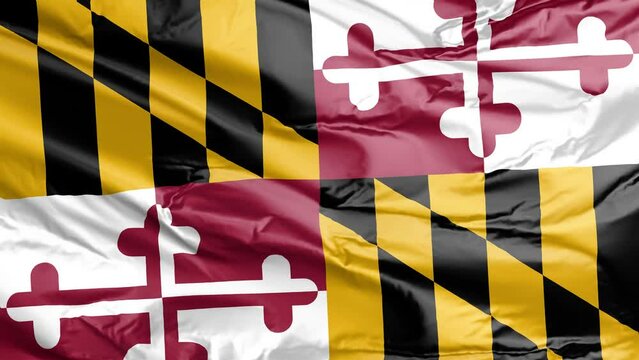 Waving flag of Maryland State, MD, USA. 4K seamless loop 3D render animation. Beautiful high detail fabric cloth satin texture with wrinkles. Fullscreen close up, slow motion