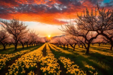 Naklejka na ściany i meble A Mountain Orchard Spring during a vibrant sunrise, warm colors painting the sky, the orchard awakening to the new day, dewdrops glistening on leaves