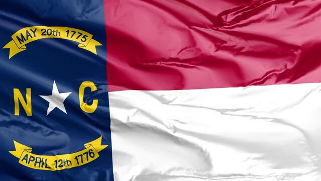 Waving flag of North Carolina State, NC, USA. 4K seamless loop 3D render animation. Beautiful high detail fabric cloth satin texture with wrinkles. Fullscreen close up, slow motion