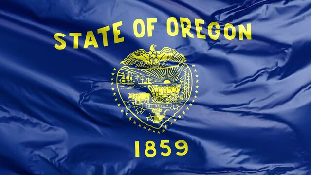 Waving flag of Oregon State, OR, USA. 4K seamless loop 3D render animation. Beautiful high detail fabric cloth satin texture with wrinkles. Fullscreen close up, slow motion