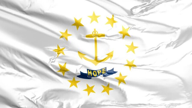 Waving flag of Rhode Island State, RI, USA. 4K seamless loop 3D render animation. Beautiful high detail fabric cloth satin texture with wrinkles. Fullscreen close up, slow motion