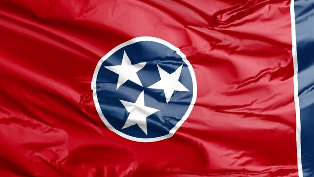 Waving flag of Tennessee State, TN, USA. 4K seamless loop 3D render animation. Beautiful high detail fabric cloth satin texture with wrinkles. Fullscreen close up, slow motion