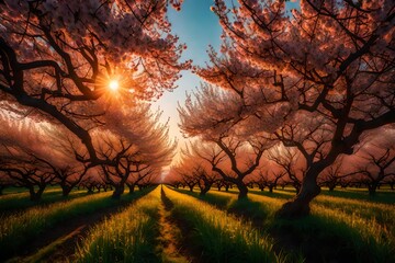 A Mountain Orchard Spring during a vibrant sunrise, warm colors painting the sky, the orchard awakening to the new day, dewdrops glistening on leaves