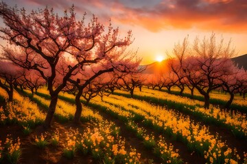 Fototapeta na wymiar A Mountain Orchard Spring during a vibrant sunrise, warm colors painting the sky, the orchard awakening to the new day, dewdrops glistening on leaves