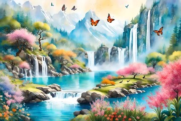 A lively Mountain Orchard Spring, featuring cascading waterfalls, colorful butterflies, and birds, a harmonious blend of nature's elements, the air filled with the scent of blooming flowers