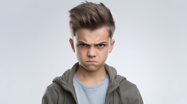 an angry kid with mohawk and a jacket and shirt, showing upset disapproval expression, on grey background