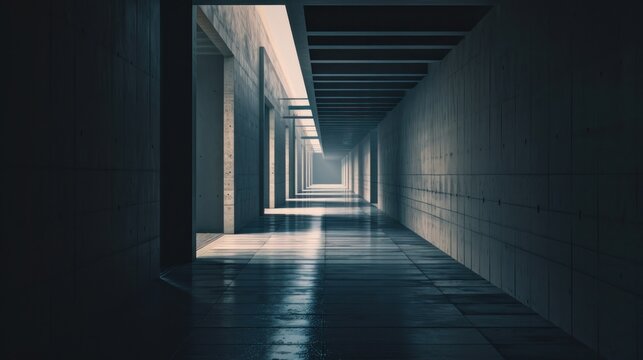  A Long Hallway In A Building With A Light At The End Of One Of It's Two Walls And The Light At The End Of The Other End Of The Hallway.